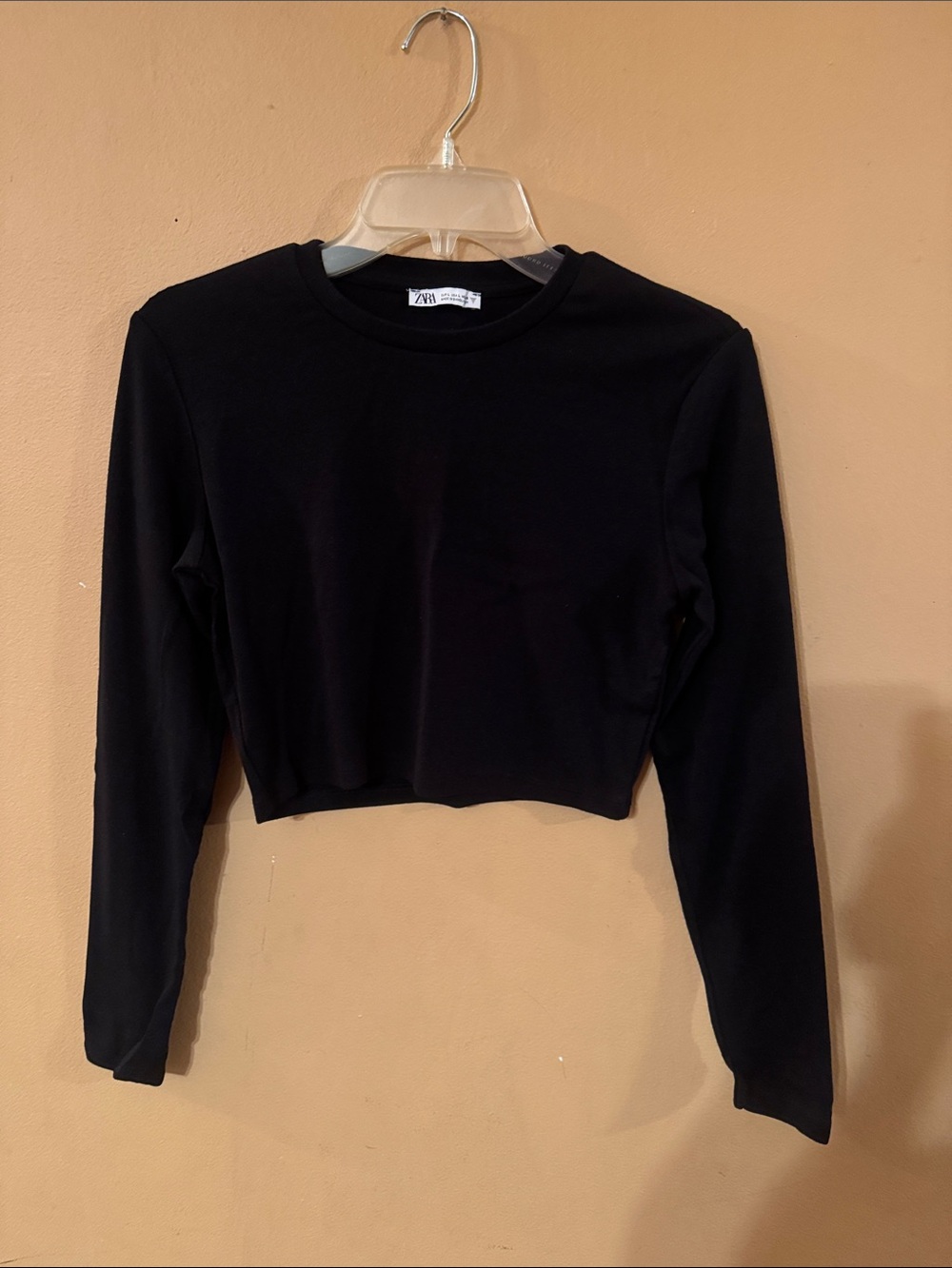 Zara Black Long-Sleeve Cropped Crew Top